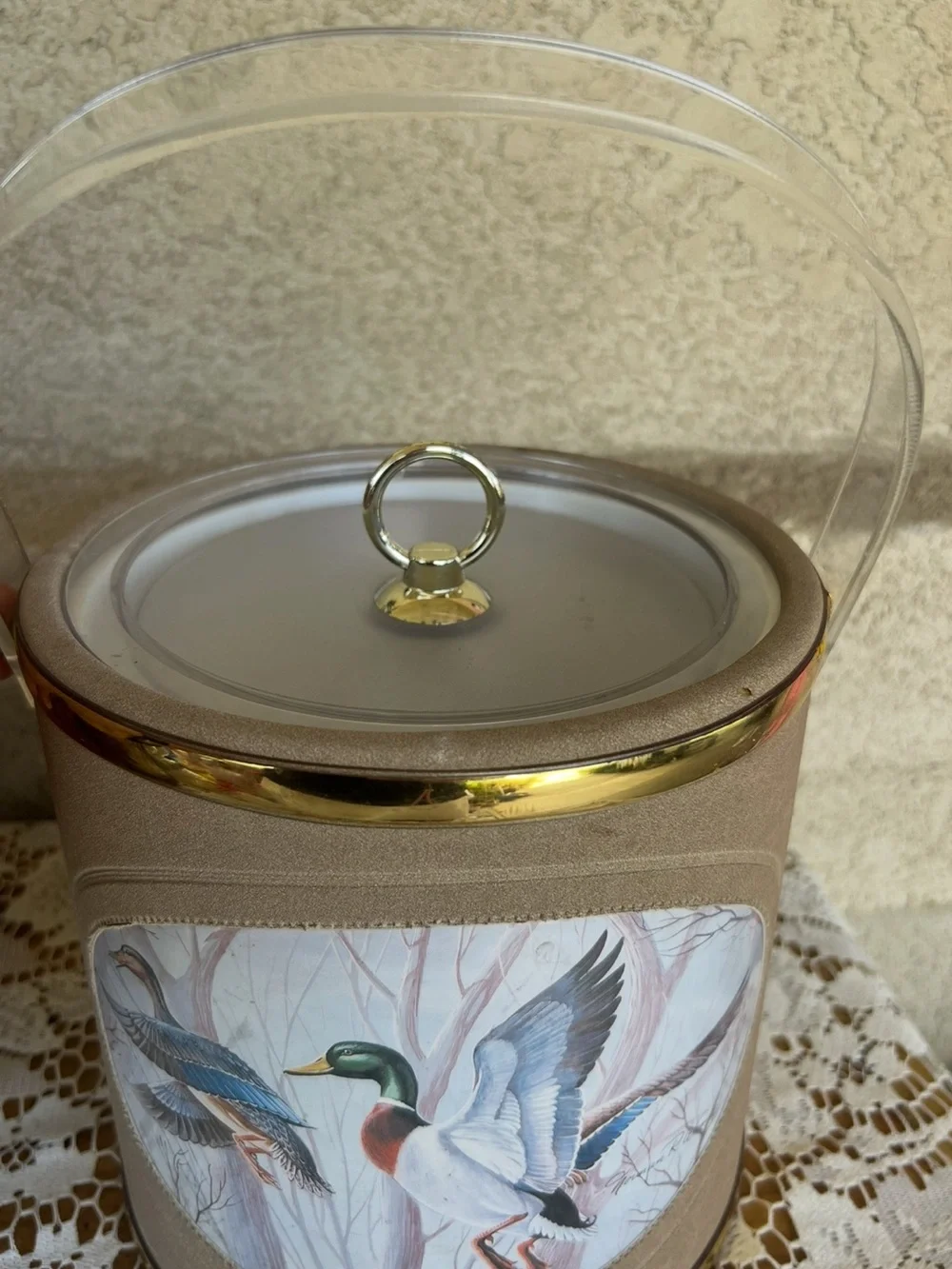 Vintage Duck Motif Decorative Ice Bucket  in Taupe with Gold Trim